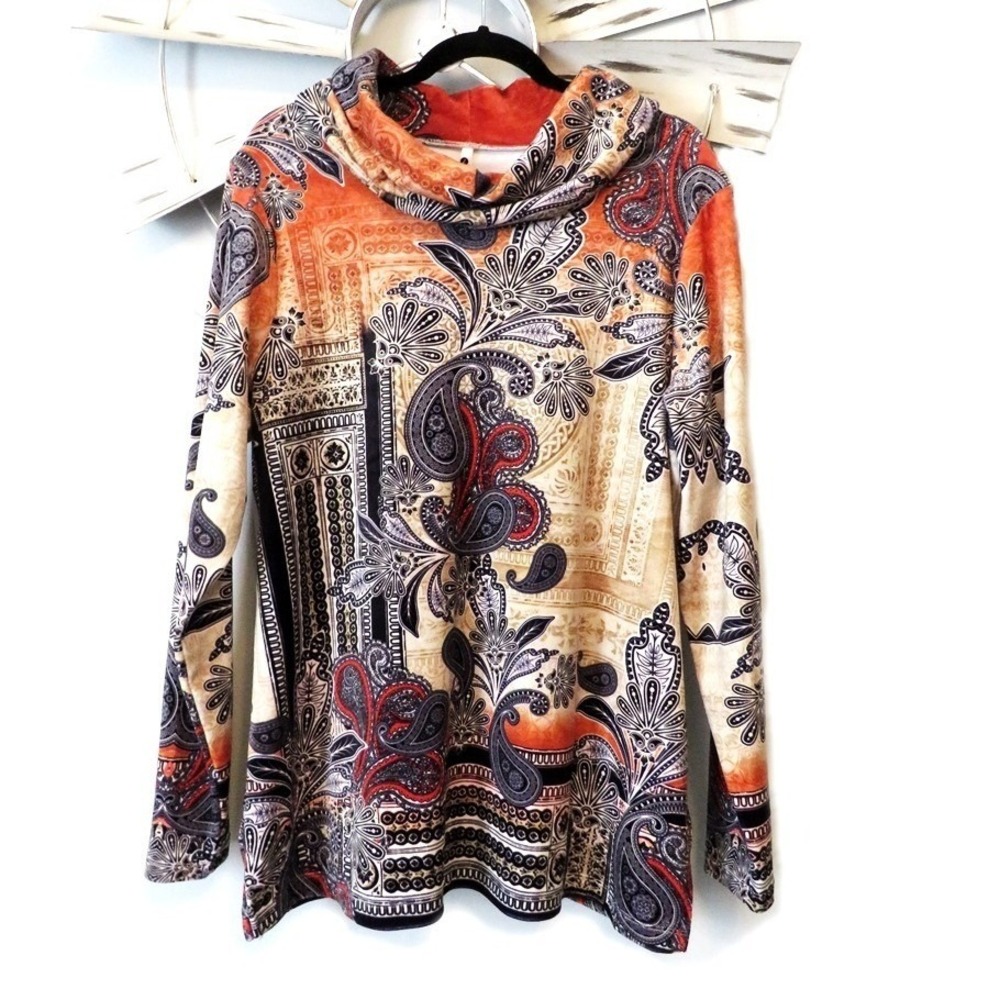 Leo & Nicole Paisley Patchwork Cowl Neck Long Sleeve Top Size Large